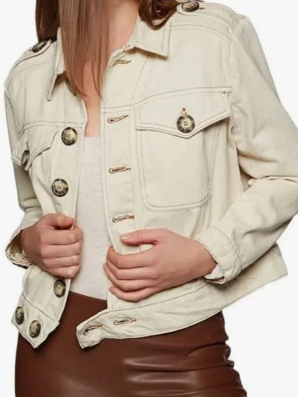 Free People Eisenhower Denim Jean Jacket Size Lg Ivory Cotton Collared Pockets - Picture 2 of 16